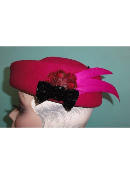 Vintage Bollman Fuchsia Wool Pillbox Hat w/ Feathers church hat retro pinup main image 5